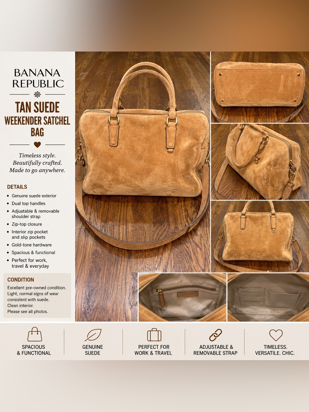 Banana Republic Tan Suede Weekender Satchel Bag Crossbody Leather